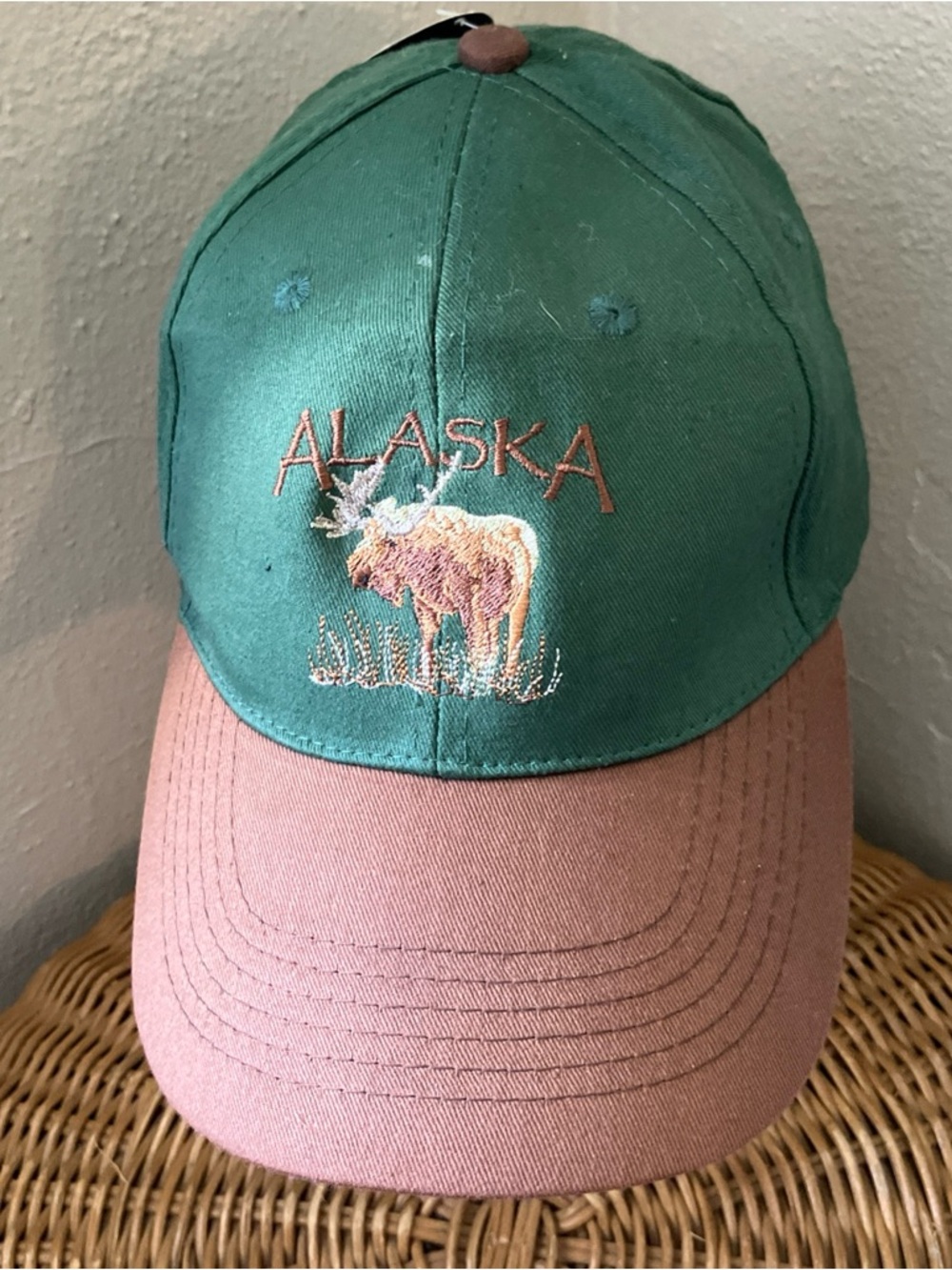 Alaska Embroidered Moose Baseball Cap - Green & Pink